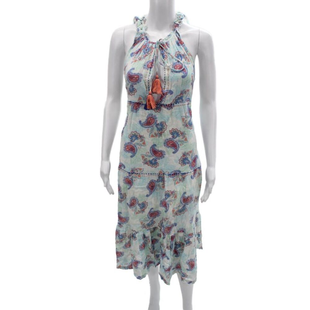 Amita Naithani Womens Maxi Sundress Light Blue Linen Paisley Sleeveless Size XS